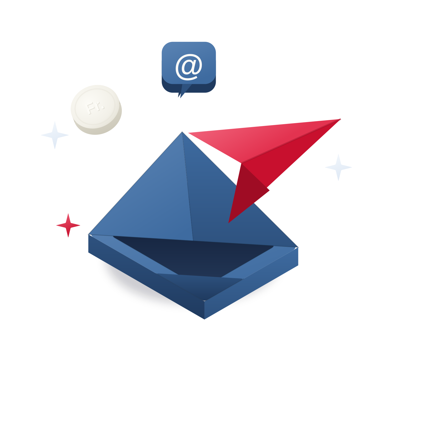 Isometrische 3D-Illustration: ein offener Umschlag mit einem roten Papierflieger und einem @-Abzeichen
