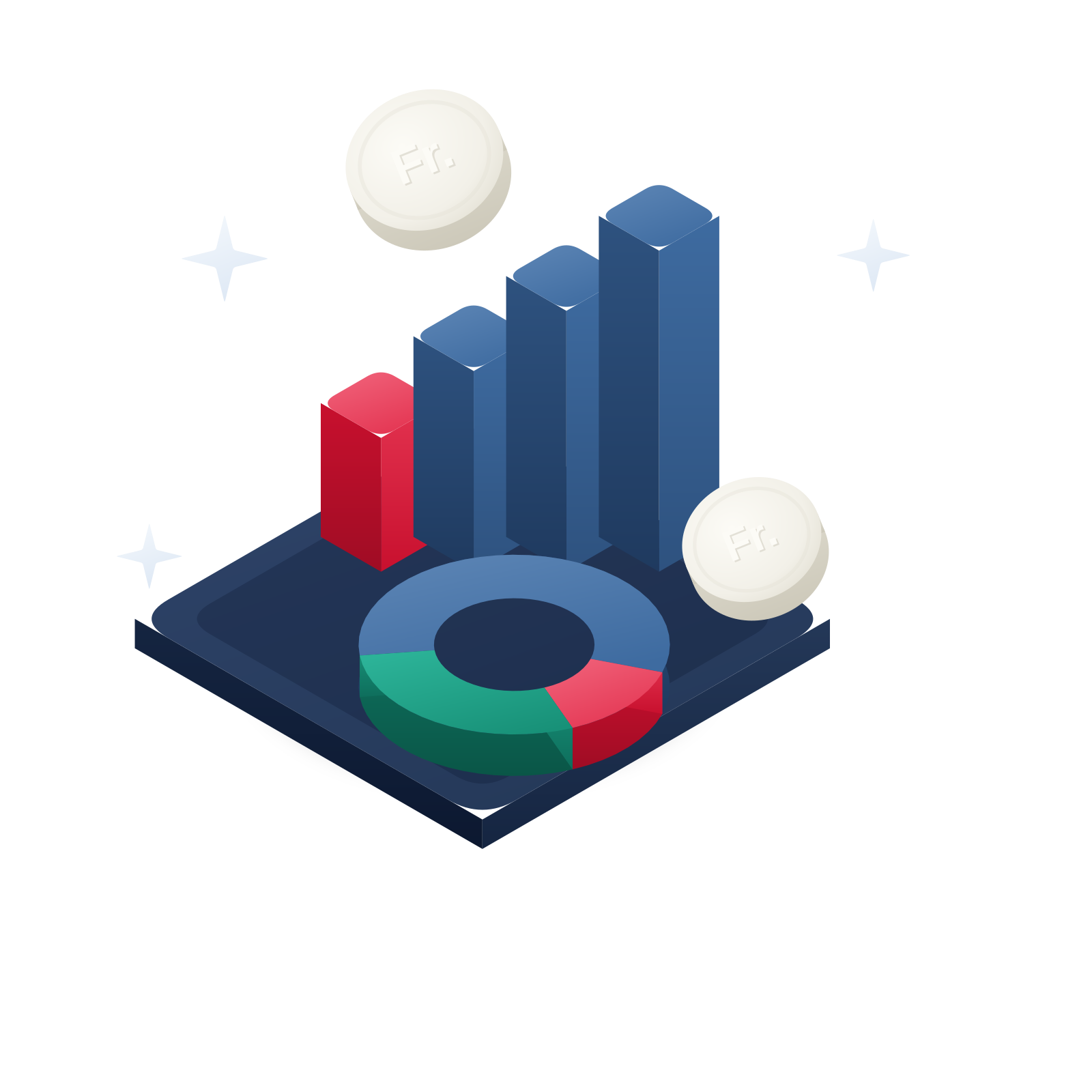 Isometrische 3D-Illustration: ein steigendes Balkendiagramm und ein Ringdiagramm mit silbernen «Fr.»-Münzen auf einem nachtblauen Sockel